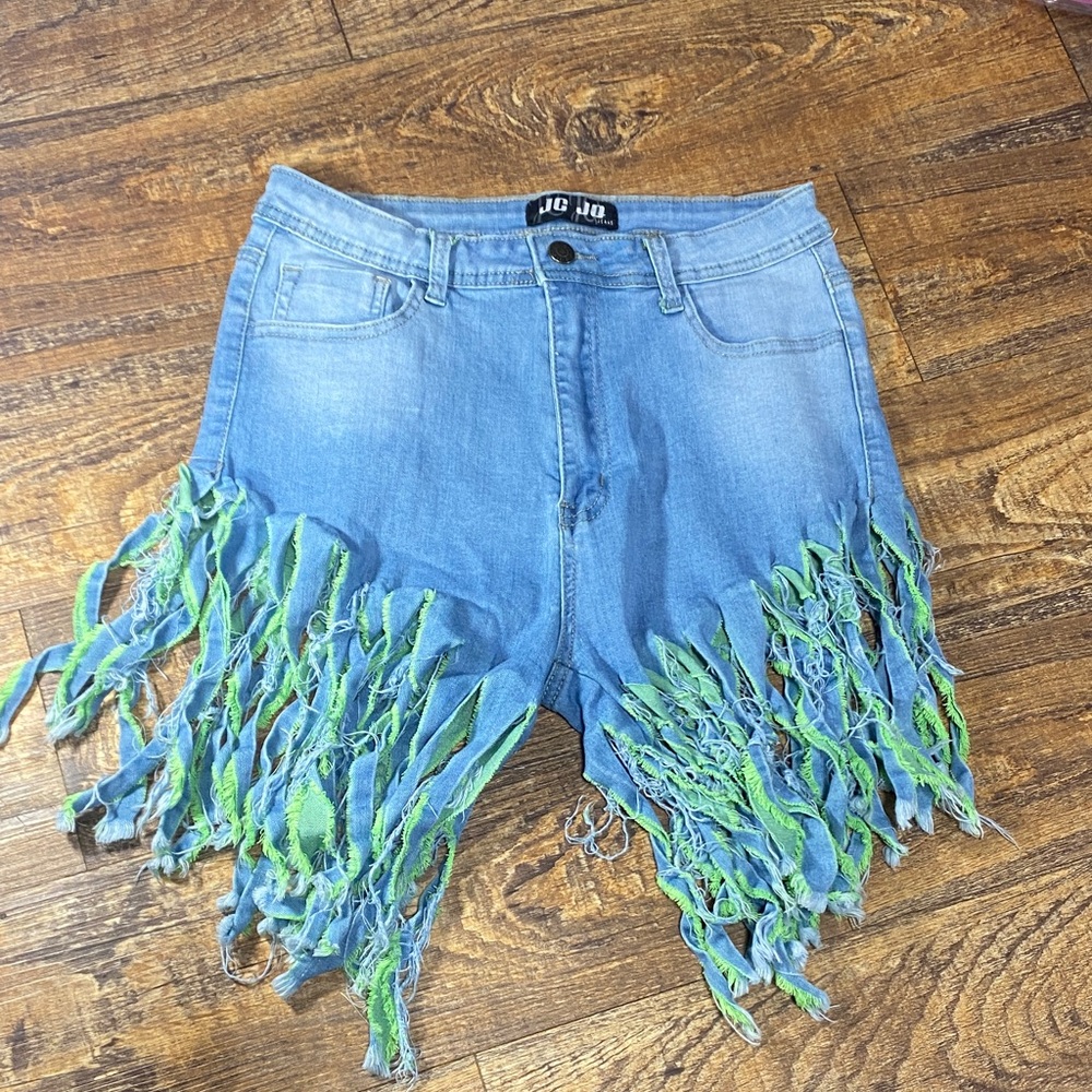 JC&JQ size large Women's Blue and Green Fringe Denim Shorts distressed festival